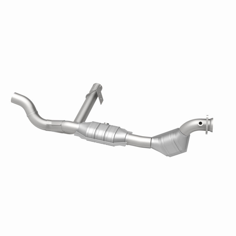 MagnaFlow 458072 carb direct-fit catalytic converter, opposite rear three-quarter view of the turntable spin