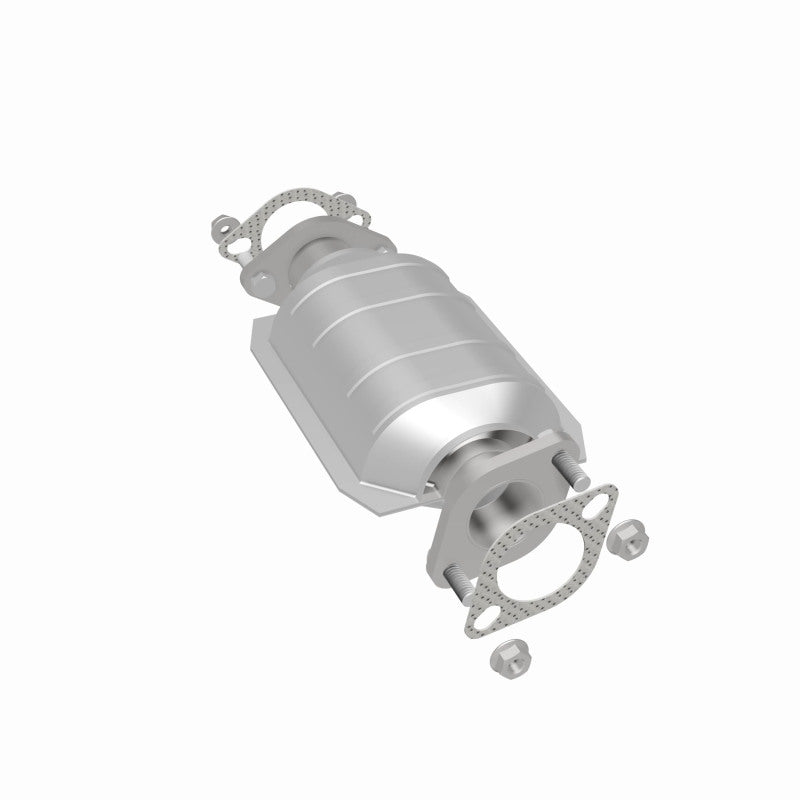 MagnaFlow 457001 carb direct-fit catalytic converter, rear three-quarter view of the turntable spin