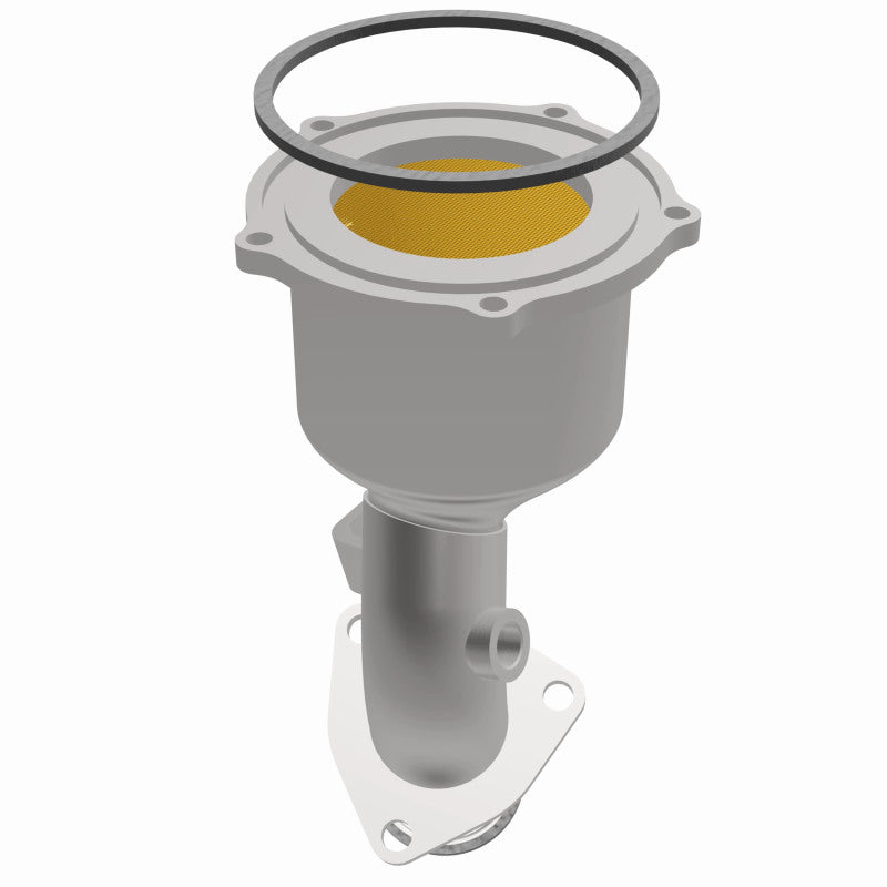 MagnaFlow 452827 carb direct-fit catalytic converter, opposite front three-quarter view of the turntable spin