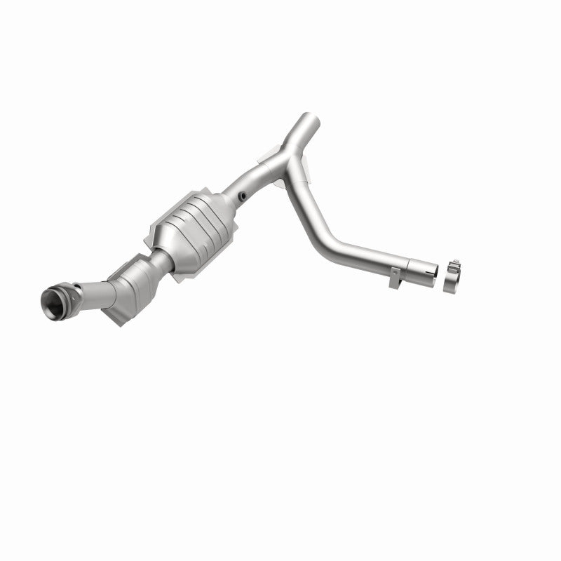 MagnaFlow 93145 hm grade direct-fit catalytic converter, opposite front three-quarter view of the turntable spin