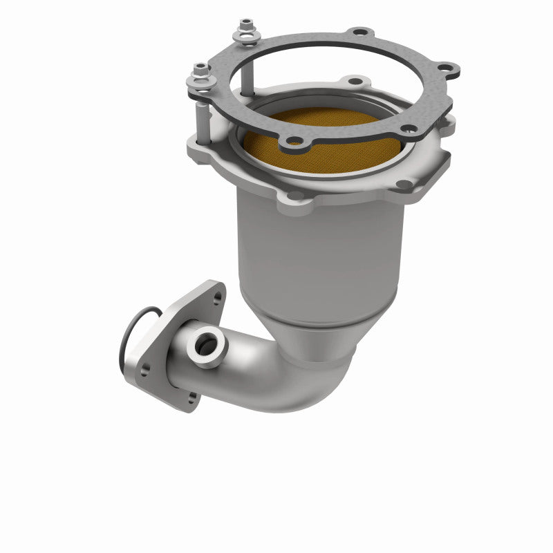 MagnaFlow 444311 carb direct-fit catalytic converter, opposite rear three-quarter view of the turntable spin