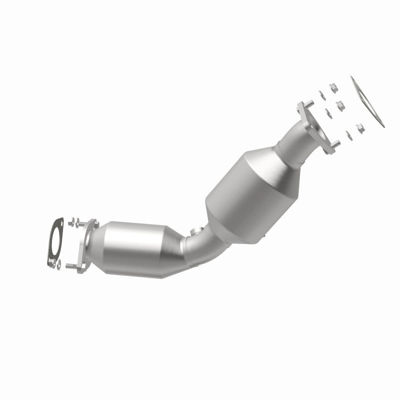 MagnaFlow 5411045 carb direct-fit catalytic converter, opposite rear three-quarter view of the turntable spin