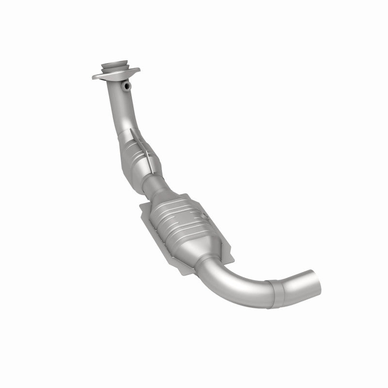 MagnaFlow 447135 carb direct-fit catalytic converter, rear three-quarter view of the turntable spin