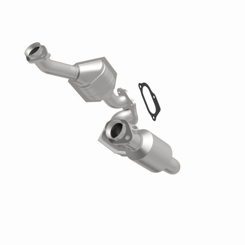 MagnaFlow 93168 hm grade direct-fit catalytic converter, front three-quarter view of the turntable spin