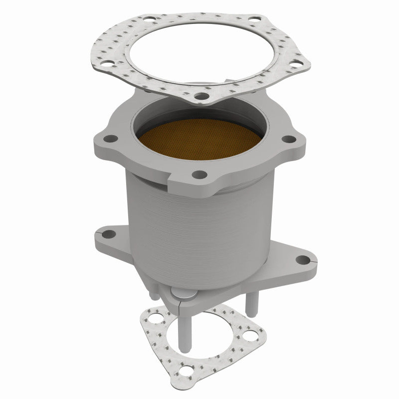 MagnaFlow 50671 hm grade direct-fit catalytic converter, front three-quarter view of the turntable spin