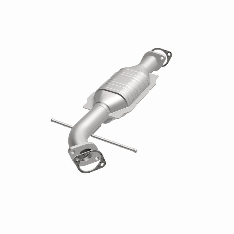 MagnaFlow 93327 hm grade direct-fit catalytic converter, opposite front three-quarter view of the turntable spin