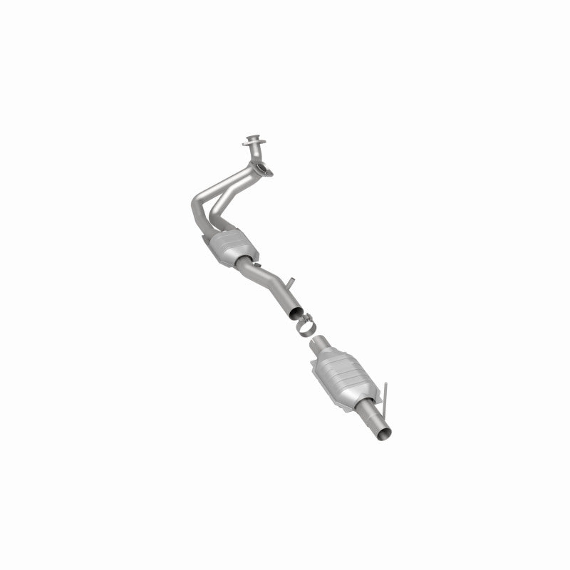 MagnaFlow 447245 carb direct-fit catalytic converter, rear three-quarter view of the turntable spin