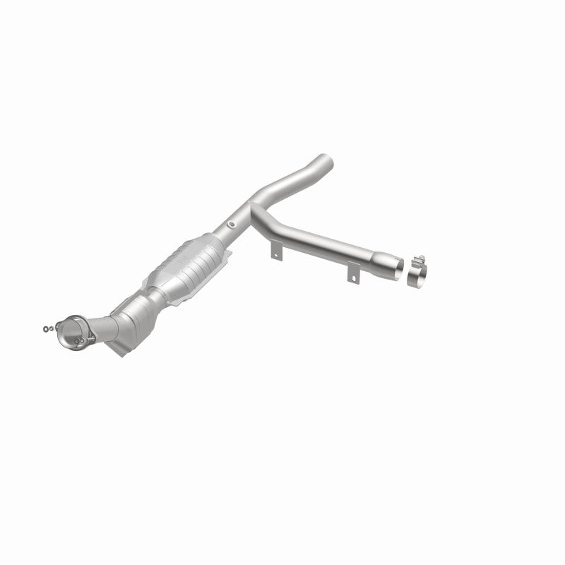 MagnaFlow 23317 hm grade direct-fit catalytic converter, opposite front three-quarter view of the turntable spin