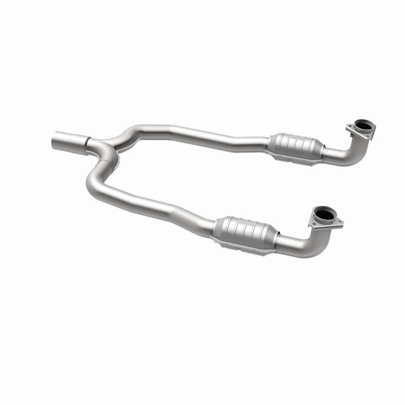 MagnaFlow 337487 carb direct-fit catalytic converter, opposite rear three-quarter view of the turntable spin