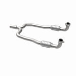 MagnaFlow 337487 carb direct-fit catalytic converter, opposite rear three-quarter view of the turntable spin