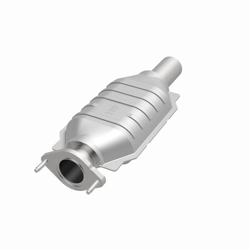 MagnaFlow 457018 carb direct-fit catalytic converter, opposite front three-quarter view of the turntable spin