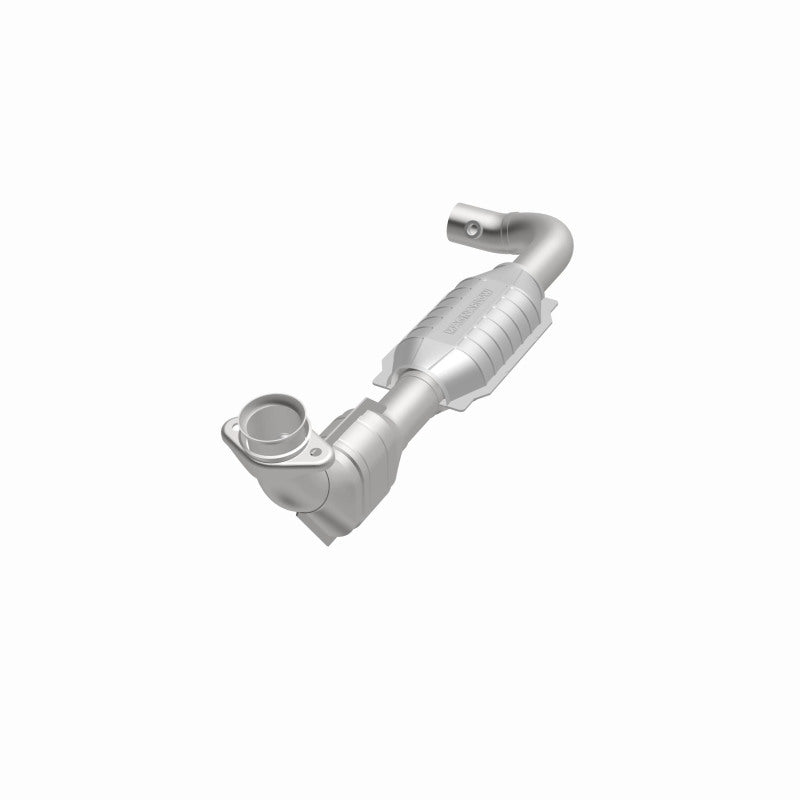 MagnaFlow 93374 hm grade direct-fit catalytic converter, opposite front three-quarter view of the turntable spin