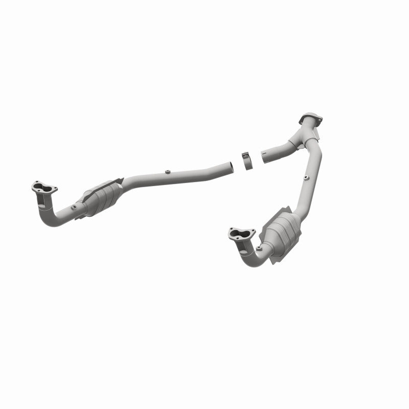 MagnaFlow 93690 hm grade direct-fit catalytic converter, opposite front three-quarter view of the turntable spin