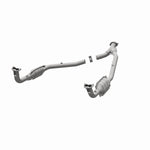 MagnaFlow 93690 hm grade direct-fit catalytic converter, opposite front three-quarter view of the turntable spin