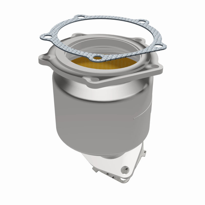 MagnaFlow 452020 carb direct-fit catalytic converter, opposite front three-quarter view of the turntable spin