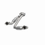 MagnaFlow 458023 carb direct-fit catalytic converter, opposite front three-quarter view of the turntable spin