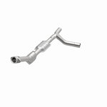 MagnaFlow 458002 carb direct-fit catalytic converter, opposite front three-quarter view of the turntable spin