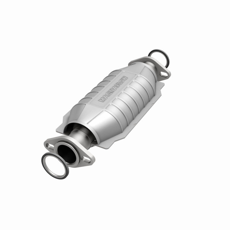MagnaFlow 23244 hm grade direct-fit catalytic converter, opposite front three-quarter view of the turntable spin