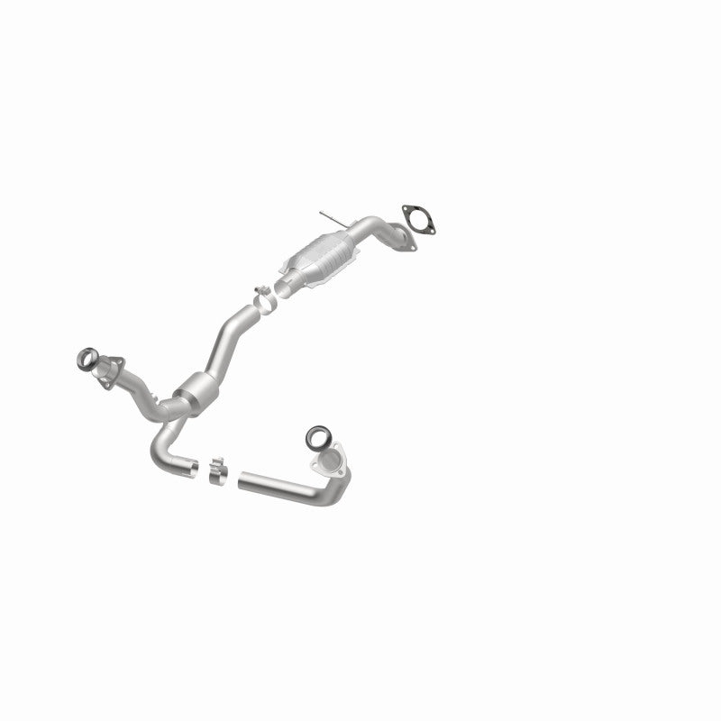 MagnaFlow 447252 carb direct-fit catalytic converter, opposite front three-quarter view of the turntable spin