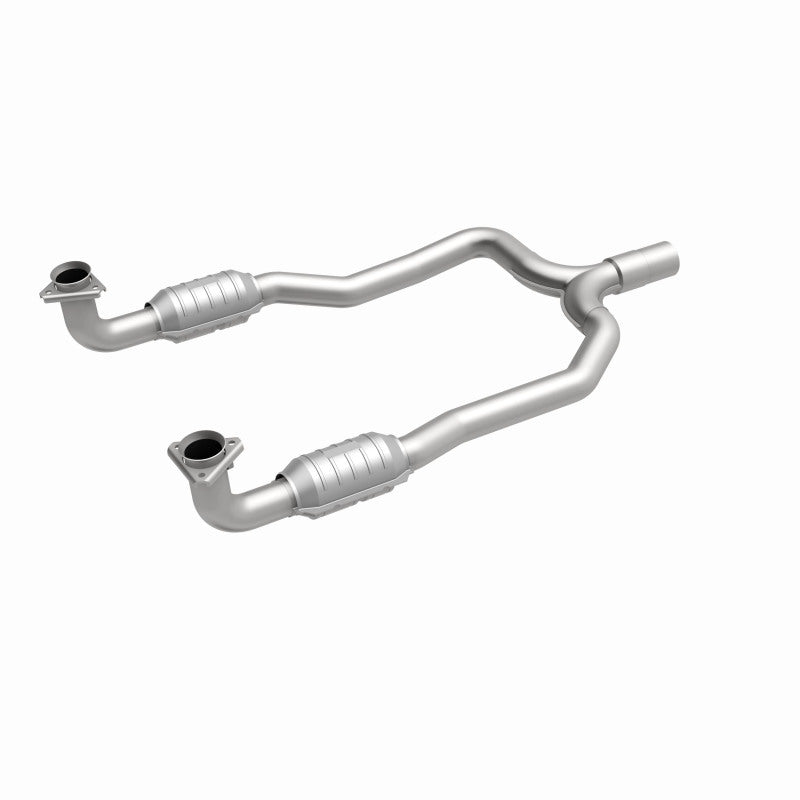 MagnaFlow 93487 epa direct-fit catalytic converter, front three-quarter view of the turntable spin