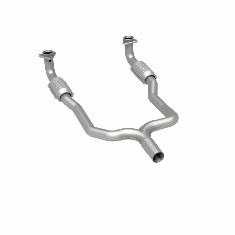 MagnaFlow 337487 carb direct-fit catalytic converter, rear three-quarter view of the turntable spin