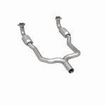 MagnaFlow 337487 carb direct-fit catalytic converter, rear three-quarter view of the turntable spin