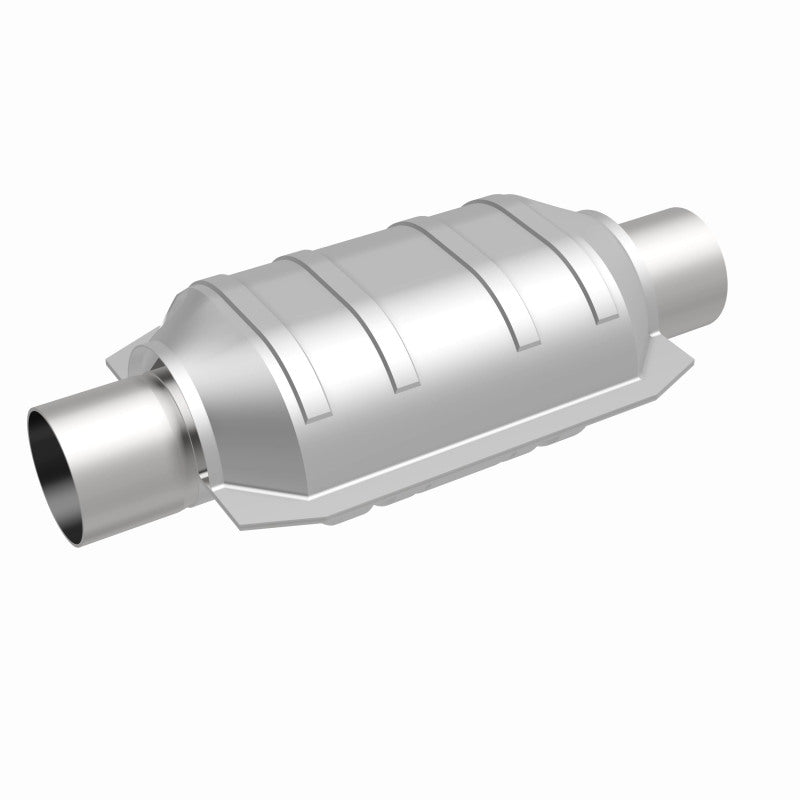 MagnaFlow 441036 universal catalytic converter, front three-quarter view of the turntable spin