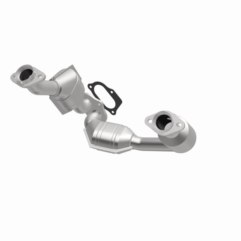 MagnaFlow 93168 hm grade direct-fit catalytic converter, opposite front three-quarter view of the turntable spin
