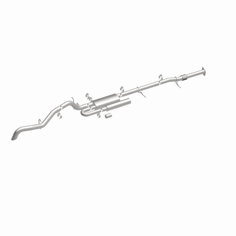 MagnaFlow 19648 overland series cat-back exhaust, front three-quarter view of the turntable spin