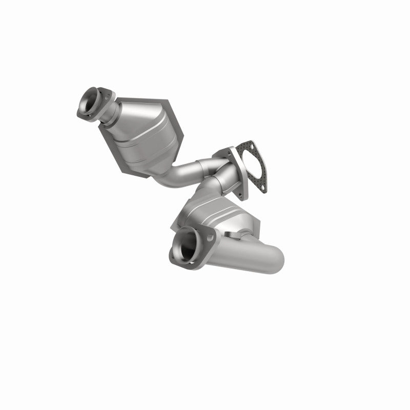 MagnaFlow 93110 hm grade direct-fit catalytic converter, front three-quarter view of the turntable spin
