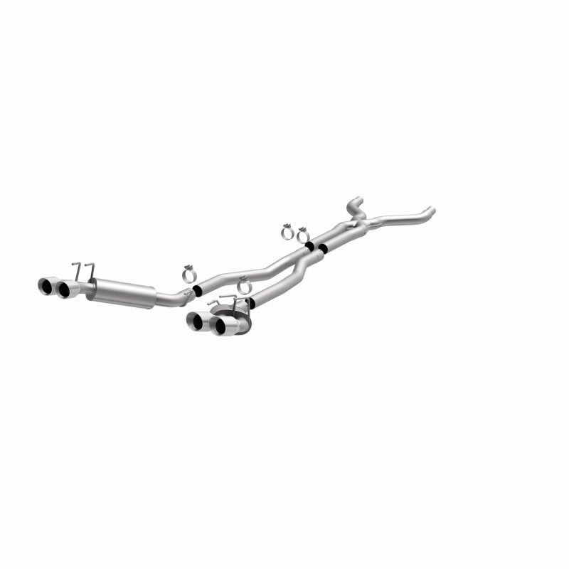 MagnaFlow 15053 street series cat-back exhaust, opposite front three-quarter view of the turntable spin