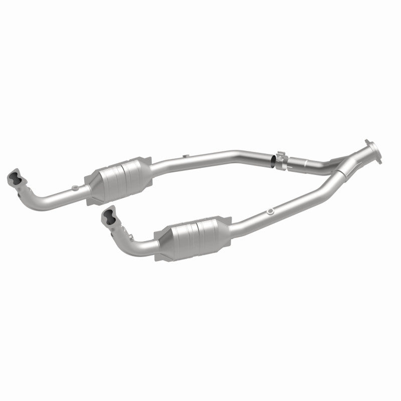 MagnaFlow 4551028 carb direct-fit catalytic converter, front three-quarter view of the turntable spin