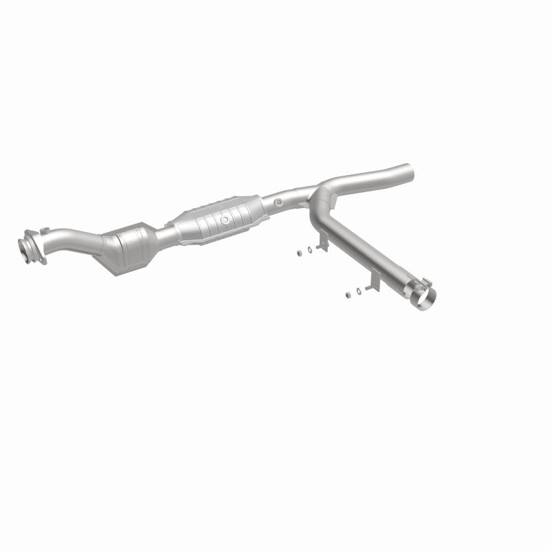 MagnaFlow 93323 hm grade direct-fit catalytic converter, front three-quarter view of the turntable spin
