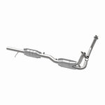 MagnaFlow 447251 carb direct-fit catalytic converter, opposite rear three-quarter view of the turntable spin