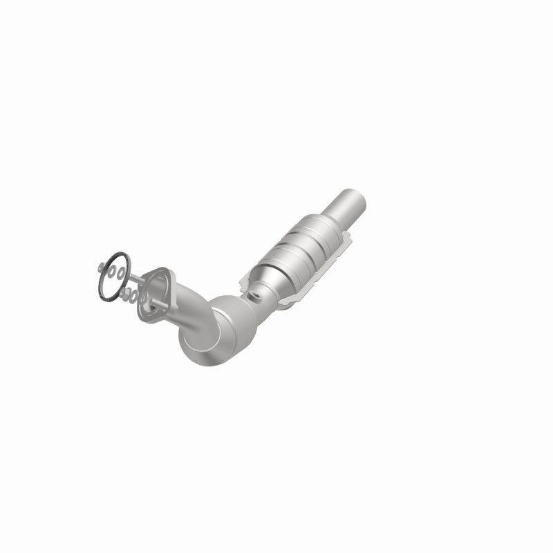 MagnaFlow 551673 carb direct-fit catalytic converter, opposite front three-quarter view of the turntable spin