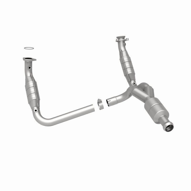 MagnaFlow 5481578 carb direct-fit catalytic converter, rear three-quarter view of the turntable spin