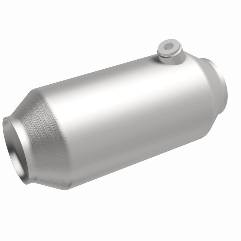 MagnaFlow 551036 universal catalytic converter, front three-quarter view of the turntable spin