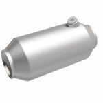 MagnaFlow 551036 universal catalytic converter, front three-quarter view of the turntable spin