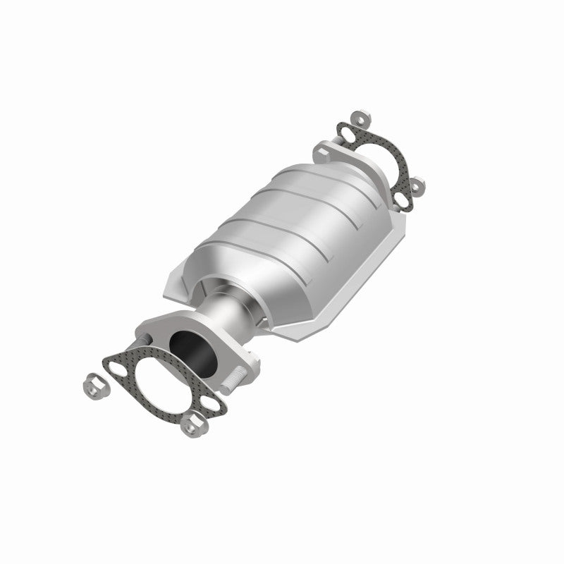 MagnaFlow 457001 carb direct-fit catalytic converter, opposite front three-quarter view of the turntable spin