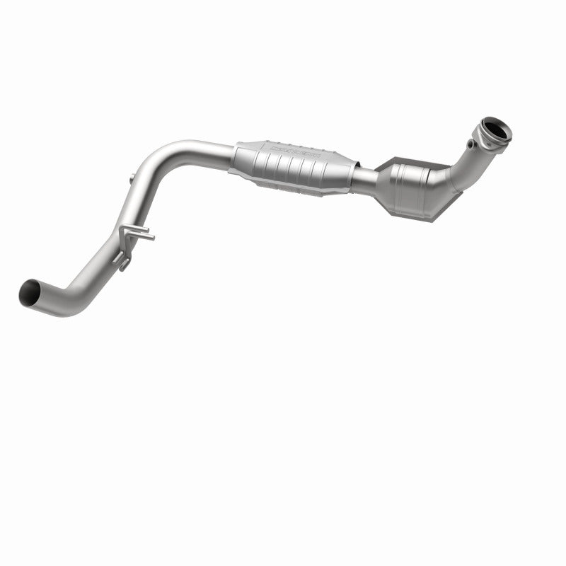 MagnaFlow 447117 carb direct-fit catalytic converter, opposite rear three-quarter view of the turntable spin