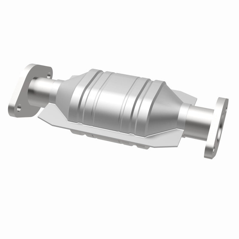 MagnaFlow 457011 carb direct-fit catalytic converter, opposite rear three-quarter view of the turntable spin