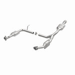 MagnaFlow 93372 hm grade direct-fit catalytic converter, opposite front three-quarter view of the turntable spin