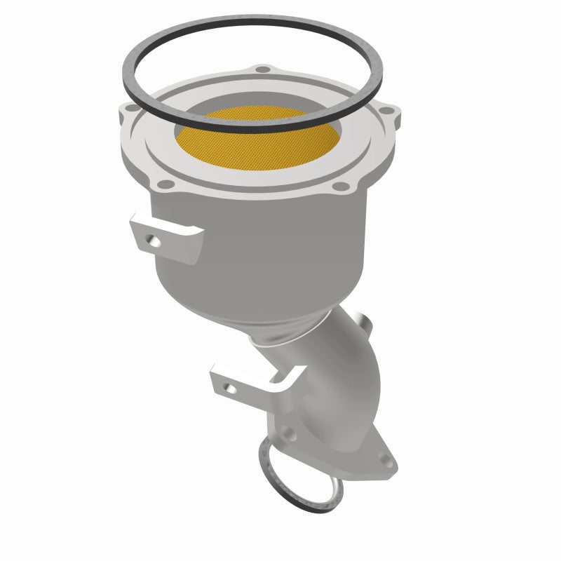 MagnaFlow 452827 carb direct-fit catalytic converter, opposite rear three-quarter view of the turntable spin