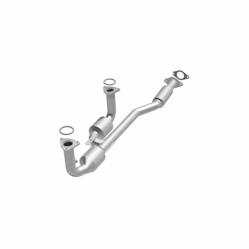 MagnaFlow 27503 hm grade direct-fit catalytic converter, opposite front three-quarter view of the turntable spin