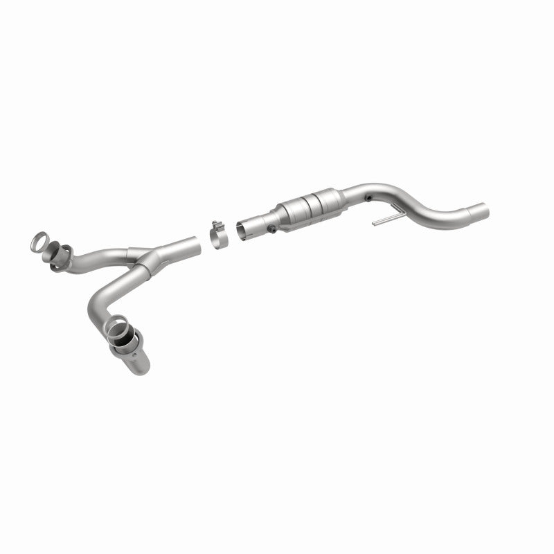 MagnaFlow 93435 hm grade direct-fit catalytic converter, front three-quarter view of the turntable spin
