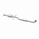MagnaFlow 457025 carb direct-fit catalytic converter, opposite rear three-quarter view of the turntable spin