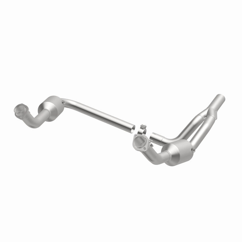 MagnaFlow 5551458 carb direct-fit catalytic converter, opposite front three-quarter view of the turntable spin