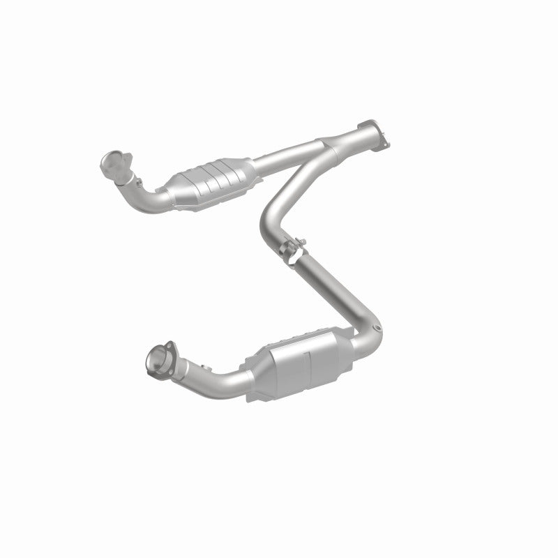 MagnaFlow 93603 hm grade direct-fit catalytic converter, front three-quarter view of the turntable spin