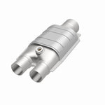 MagnaFlow 99047HM universal catalytic converter, opposite front three-quarter view of the turntable spin