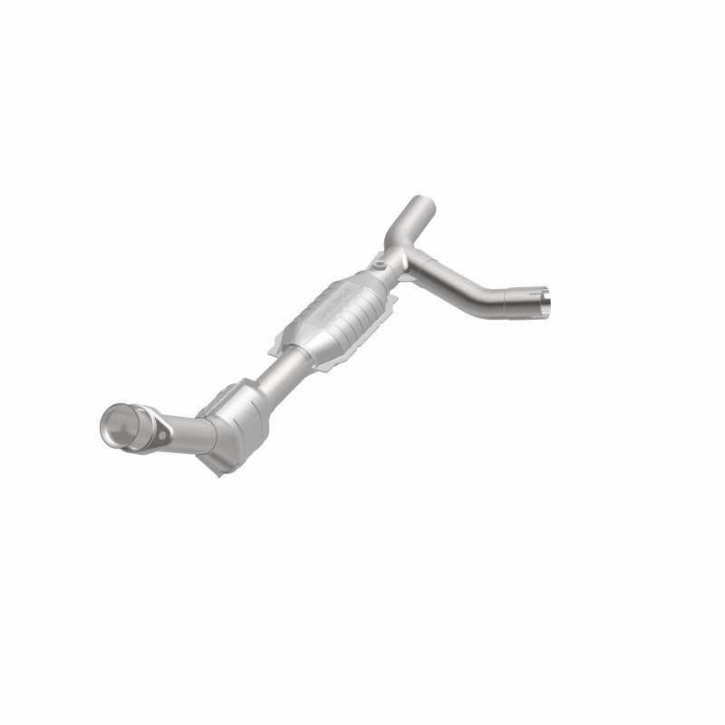 MagnaFlow 447159 carb direct-fit catalytic converter, opposite front three-quarter view of the turntable spin